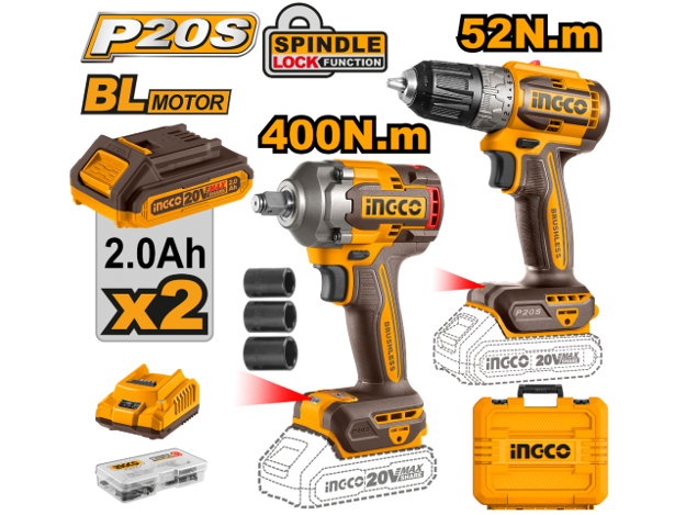 Imagen de KIT ATORNILLADOR IMP + TALADRO 20V P20S INGCO