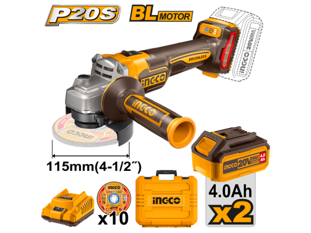 Imagen de AMOLADORA ANGULAR 4.5" 20V 2 BAT 4.0AH INGCO