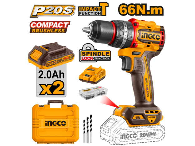 Imagen de ATORNILLADOR CON PERCUTOR  13MM 20V 2 BATERÍAS 2.0AH INGCO