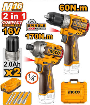 Imagen de KIT COMBO A BATERIA 16V TALADRO ATORNILLADOR + ATORNILLADOR DE IMPACTO INGCO