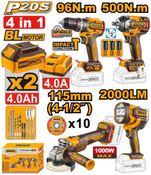 Imagen de KIT HERRAMIENTAS BATERIA 20V 4 PIEZAS INGCO