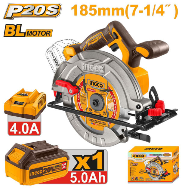 Imagen de SIERRA CIRCULAR A BATERÍA 7. 1/4" 20 V CON BATERÍA, CARGADOR Y ACCESORIOS INGCO