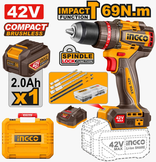 Imagen de TALADRO ATORNILLADOR CON PERCUTOR BATERÍA 42V INGCO