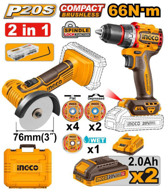 Imagen de KIT A BATERÍA 20 V MINI AMOLADORA 3" + TALADRO ATORNILLADOR 66 NM INGCO