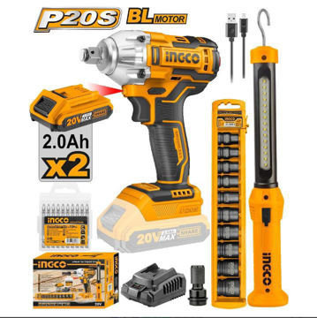 Imagen de COMBO LLAVE IMPACTO BATERIA 20V 1/2" + LINTERNA + DADOS IMPACTO INGCO