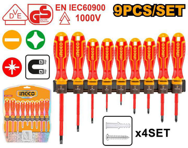 Imagen de SET DE 9 PIEZAS DESTORNILLADORES AISLADOS EN BLISTER INGCO