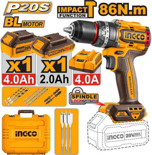 Imagen de TALADRO PERCUTOR BATERIA 20V 13MM 86NM INGCO