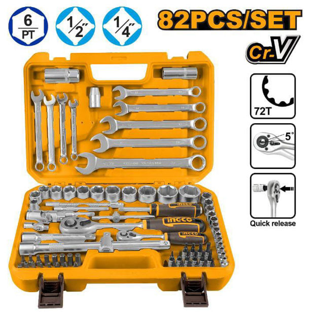 Imagen de JUEGO DADOS 82 PIEZAS ENCASTRE 1/4" - 1/2" 4 - 30MM INGCO