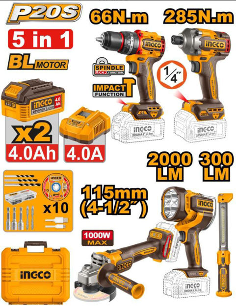 Imagen de KIT HERRAMIENTAS BATERIA 20V 5 PIEZAS 4AH INGCO