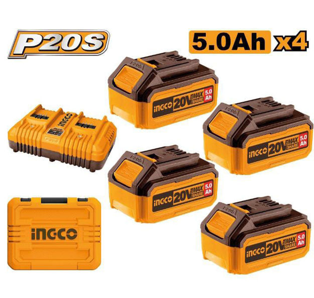 Imagen de CARGADOR DOBLE + 4 BATERIAS 20V 5.0AH INGCO