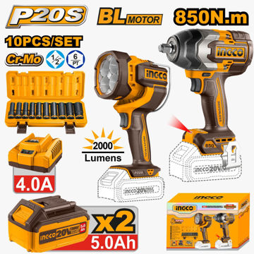 Imagen de KIT COMBO A BATERÍA P20S 20V CON LLAVE DE IMPACTO + LINTERNA CON 2 BATERÍAS, CARGADOR + SET 10 DADOS 1/2" INGCO