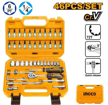 Imagen de JUEGO DE DADOS Y PUNTAS ENCASTRE 1/4" 46 PIEZAS INGCO