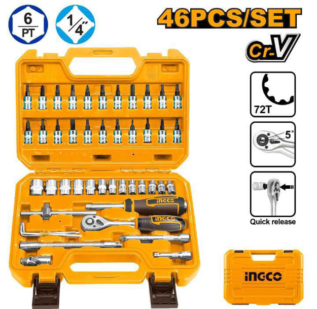 Imagen de JUEGO DE DADOS Y PUNTAS ENCASTRE 1/4" 46 PIEZAS INGCO