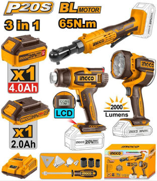 Imagen de COMBO A BATERIA 20V 3 PIEZAS 2 BATERIAS 2.0AH INGCO