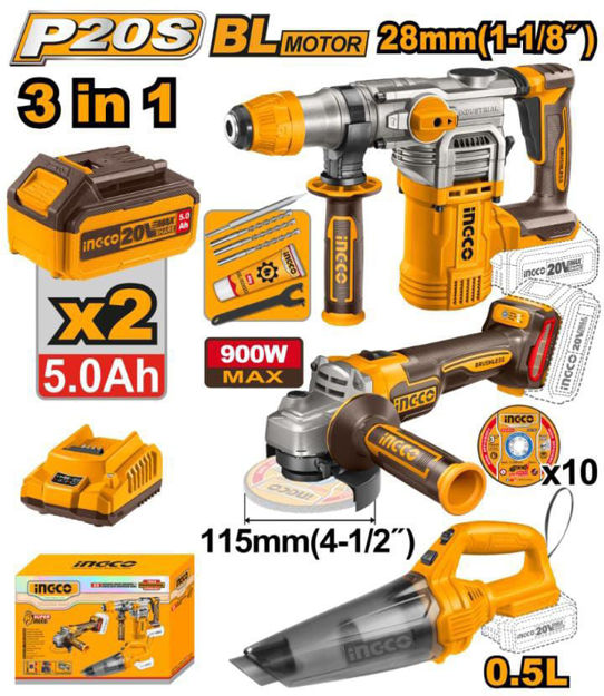 Imagen de COMBO A BATERÍA 20V 3 PIEZAS 2 BATERÍAS 5.0AH INGCO