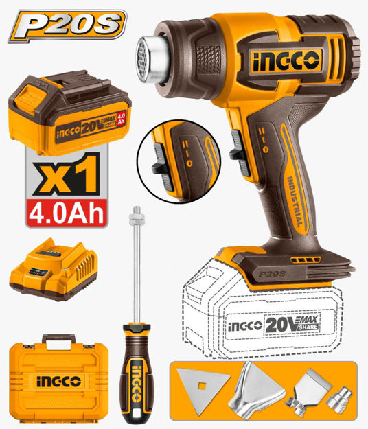 Imagen de PISTOLA CALOR BATERÍA 20V 550°C + ACCESORIOS INGCO