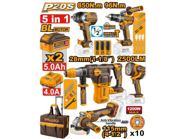 Imagen de COMBO BATERIA 20V 5 PIEZAS 2 BATERIAS 5.0AH + BOLSO INGCO