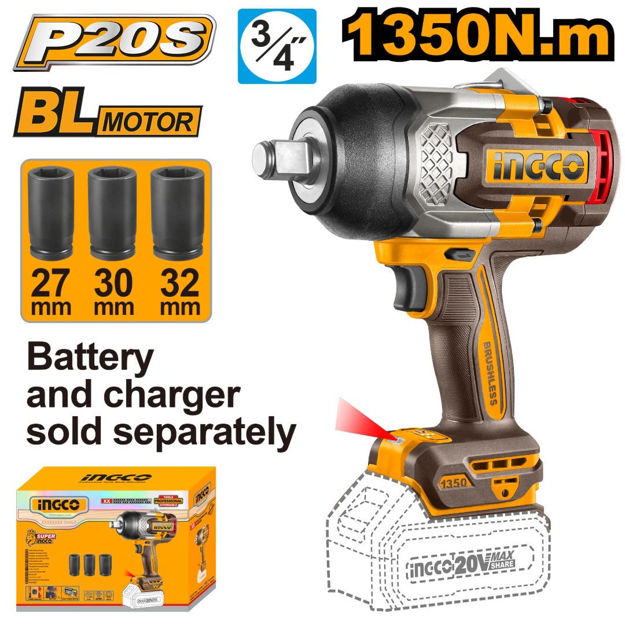 Imagen de LLAVE IMPACTO 3/4" BATERÍA 20V (CARCAZA) INGCO