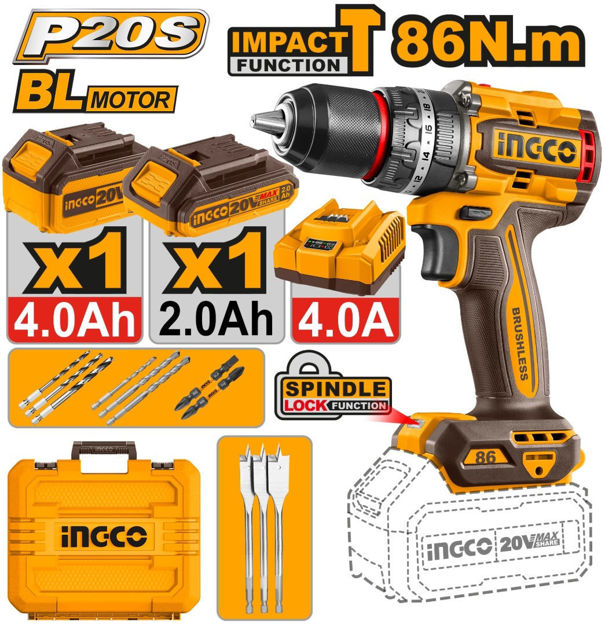 Imagen de TALADRO CON PERCUTOR BATERÍA 20V 86NM 1/2" INGCO