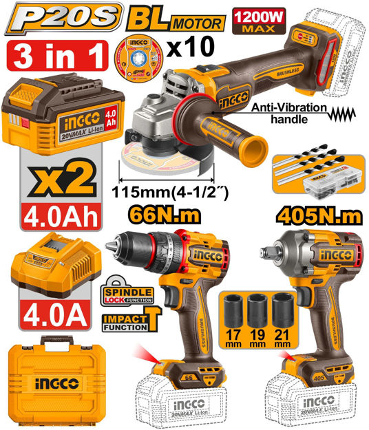 Imagen de COMBO A BATERÍA 20V 3 PIEZAS AMOLADORA, TALADRO, LLAVE DE IMPACTO INGCO