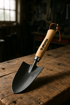 Take the product from the reference image (preserve its exact shape, colours, and brand details) and place it naturally in this setting at a realistic scale, with no people in the frame: photorealistic photo of a small metal garden spade with a natural wood handle resting on a rustic wooden workbench in a workshop setting, natural daylight streaming through windows, professional garage environment, sharp focus on the tool, authentic craftsman workspace atmosphere