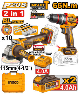 Imagen de COMBO TALADRO + AMOLADORA 4.5" BATERÍA INGCO